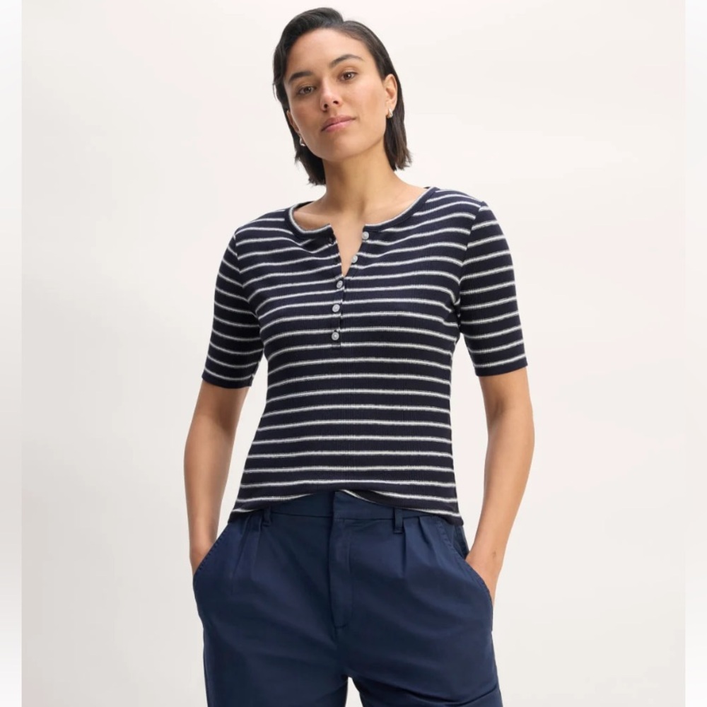 Everlane Short Sleeve Striped Ribbed Henley Style Top Size S